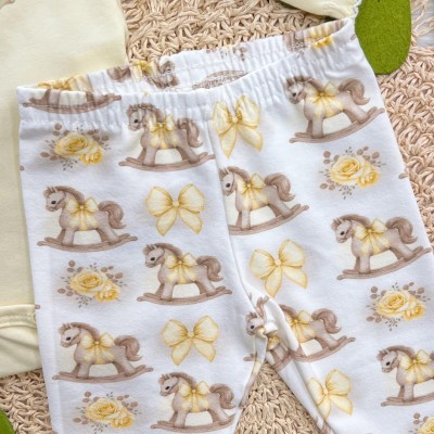 Conj. Body Manga Longa Cavalinho de Brinquedo e Calça Legging - Amarelo